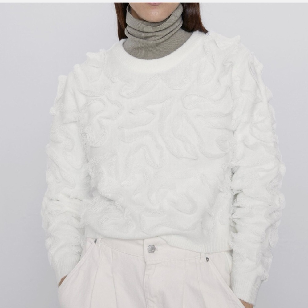 Zara Raised Effect Sweater with Ribbon Detail White Large Coquette Feminine - Picture 3 of 14